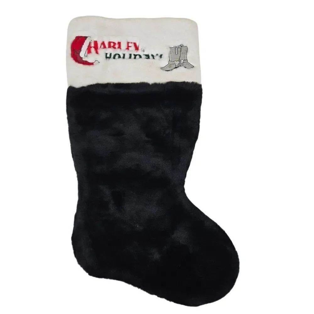 Harley Davidson Holiday Christmas Stocking Black Fuzzy Faux Fur 19"